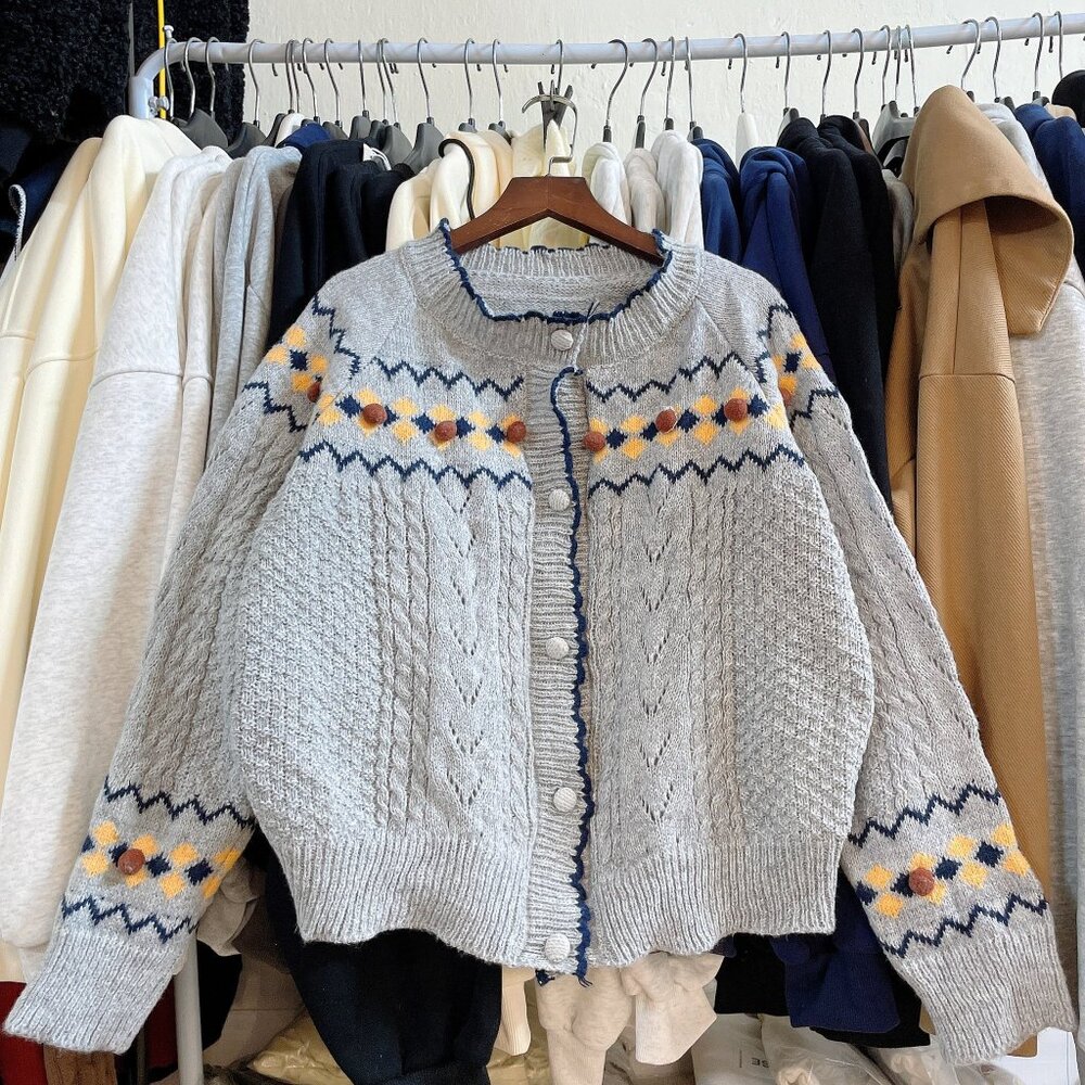 Cozy Gray Cardigan Floral Embroidered Detail